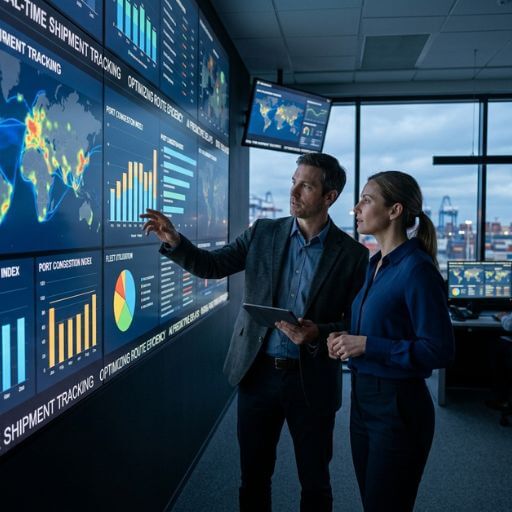 Gestores acompanhando dashboards e indicadores da logística digital em tempo real.