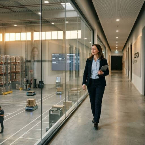 Profissional observando operações organizadas após a implementação de ERP na logística.