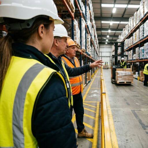 Profissionais analisando processos e práticas de gestão em um centro de distribuição.