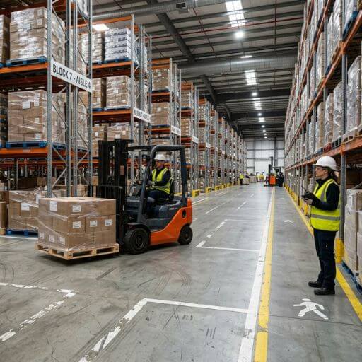 Profissional analisando layout, corredores e fluxo de materiais em um centro de distribuição.