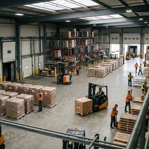 Operação integrada com pessoas, mercadorias e equipamentos em um centro de distribuição.