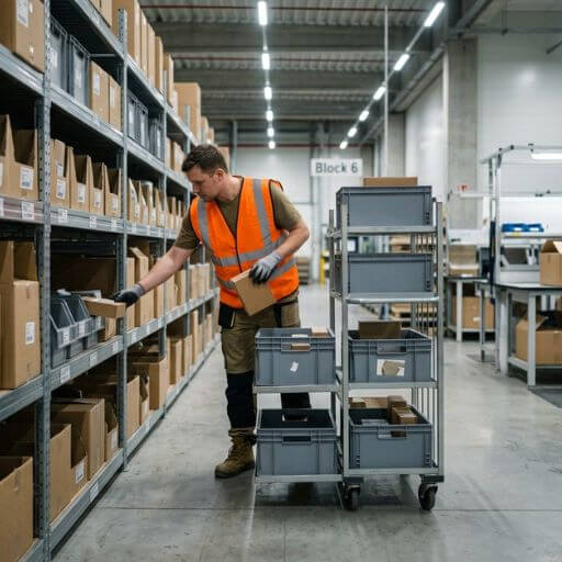 Operador realizando picking para melhorar produtividade e precisão em um centro de distribuição.