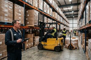 Gestão de centro de distribuição com equipe, mercadorias e operações logísticas integradas.