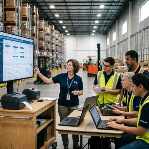 Equipe participando do treinamento para implantação de ERP na logística.