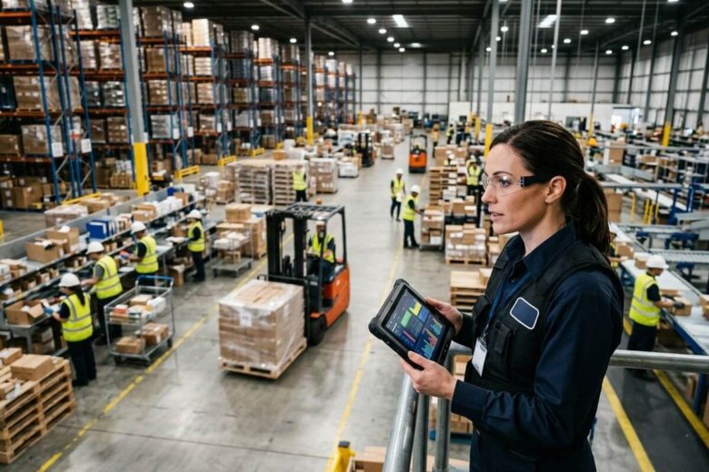 Gestor utilizando indicadores logísticos para acompanhar o desempenho de uma operação de distribuição.