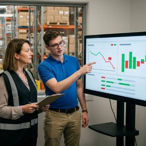 Equipe analisando metas e desvios em indicadores logísticos para investigar causas operacionais.
