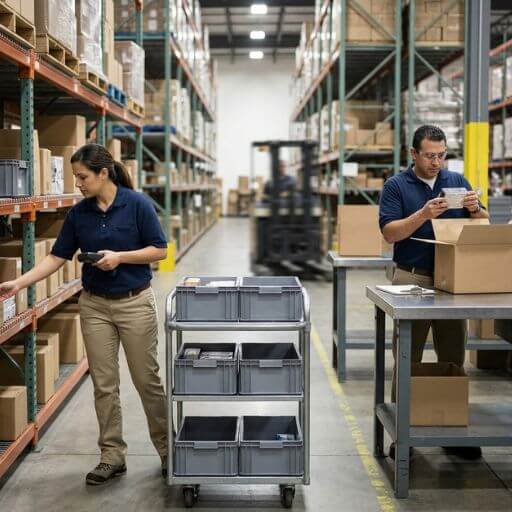Operação de picking mostrando indicadores logísticos relacionados à produtividade e qualidade.