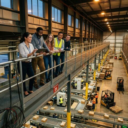 Equipe observando a integração do fluxo logístico em um centro de distribuição.