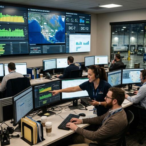 Sistemas conectando diferentes áreas da logística em uma sala de controle.