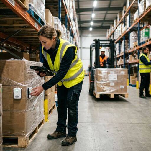 Técnico instalando sensores da Internet das Coisas em pallets logísticos.