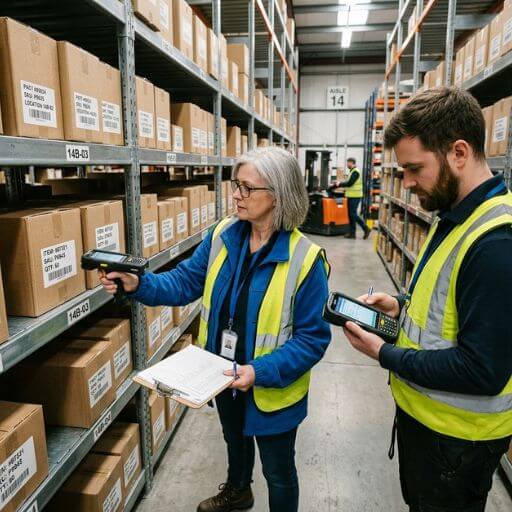 Colaboradores realizando inventário físico para melhorar o controle de estoque.