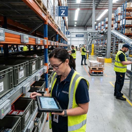 Supervisor monitorando estoques com sensores inteligentes na logística.