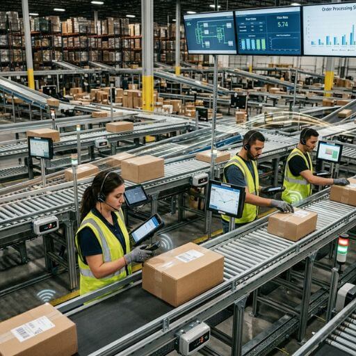 Centro de fulfillment utilizando IoT para rastreamento e gestão de pedidos.