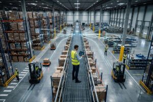 Centro de distribuição moderno utilizando IoT na logística para monitoramento em tempo real.