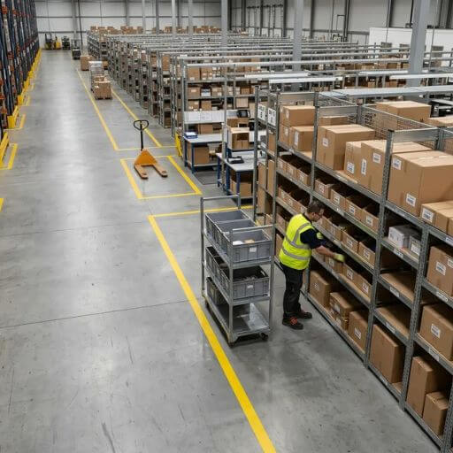 Layout organizado reduzindo deslocamentos durante a movimentação de materiais em armazém.