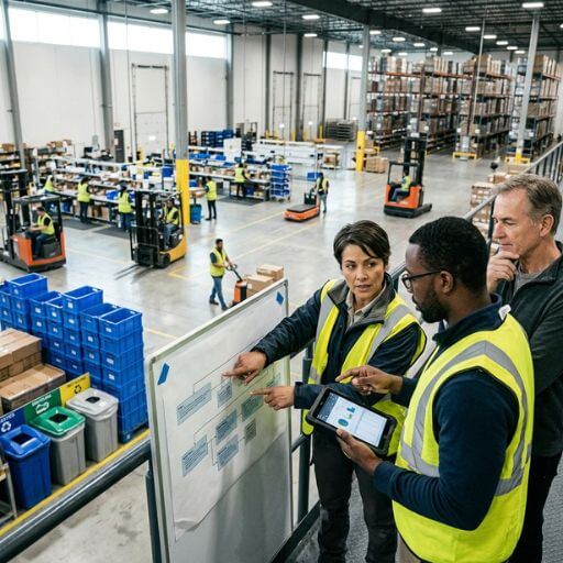 Equipe avaliando processos de logística moderna com foco em eficiência e melhoria contínua