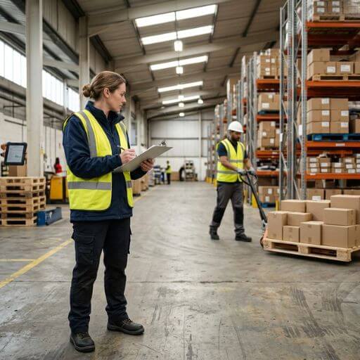 Supervisor acompanhando o fluxo para identificar melhorias na movimentação de materiais no armazém.