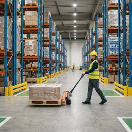 Operador realizando movimentação de materiais por um percurso longo dentro de um armazém logístico.