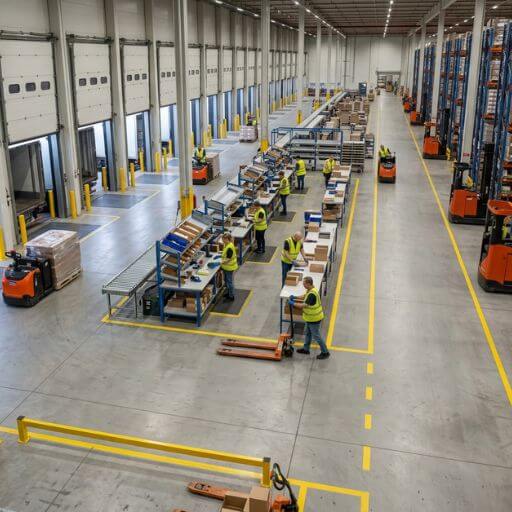 Movimentação de materiais eficiente com fluxo organizado entre armazenagem, separação e expedição.