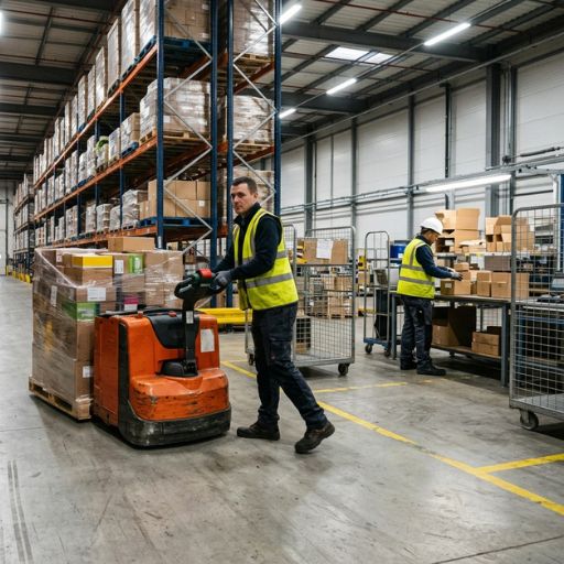 Movimentação de materiais entre armazenagem, separação e expedição em centro de distribuição.