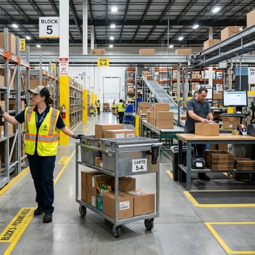 Operadores realizando picking e packing dentro de um centro de distribuição.