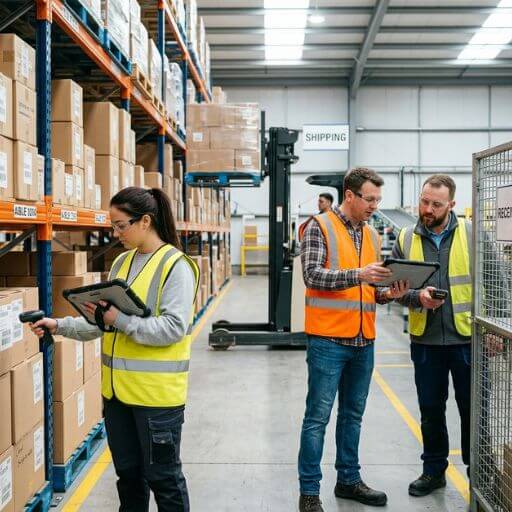 Equipe logística utilizando ferramentas digitais para realizar o controle de estoque.