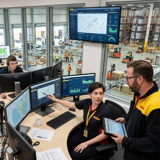 Equipe logística utilizando sistemas digitais para controlar operações em tempo real.
