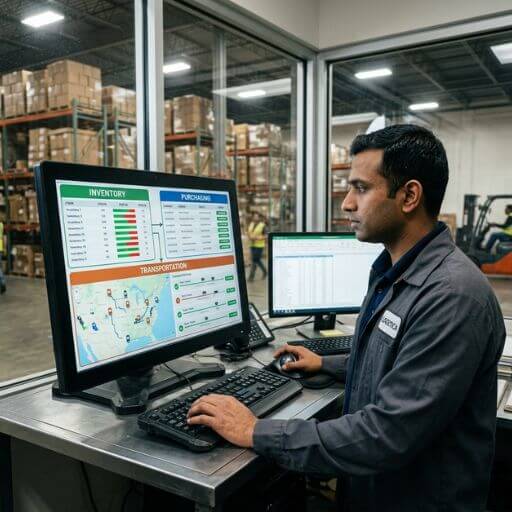 Analista utilizando um sistema ERP na logística para integrar estoque, compras e transporte.