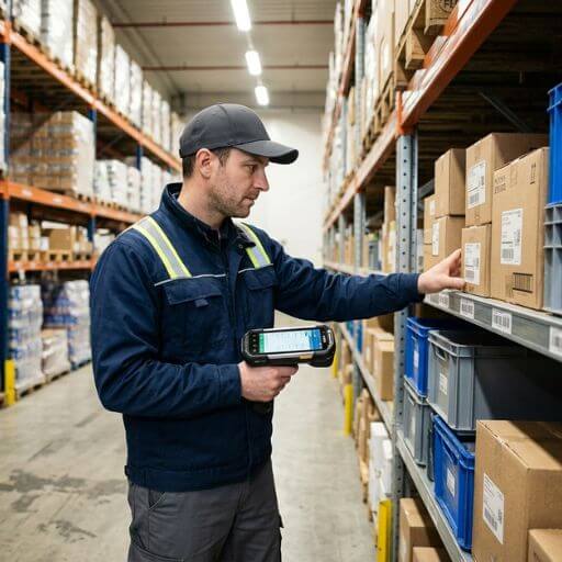 Operador realizando a conferência física de produtos durante um inventário de estoque.