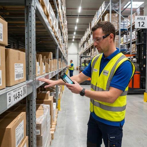 Operador utilizando sistema WMS para localizar produtos em um armazém moderno.