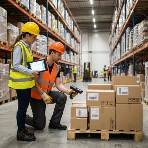 Operadores conferindo mercadorias para garantir a qualidade dos dados utilizados pelo Business Intelligence na Logística.