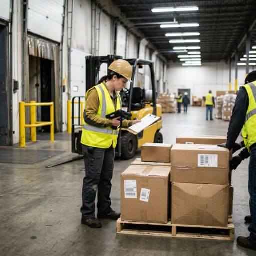 Operador realizando recebimento e conferência de mercadorias antes da armazenagem no estoque