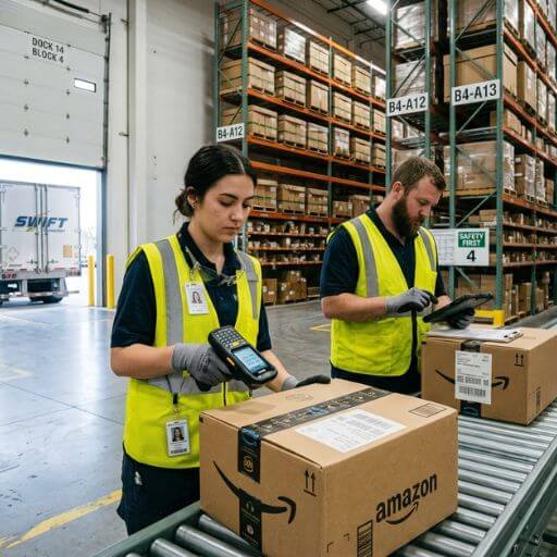 Equipe realizando conferência e armazenagem de mercadorias em um centro de distribuição.