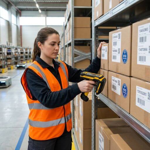 Operador utilizando tecnologia RFID para rastrear mercadorias em tempo real.