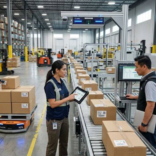 Profissionais integrando RFID e transformação digital em operações logísticas.