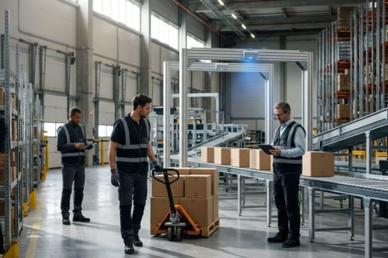 Centro de distribuição utilizando RFID na logística para rastrear mercadorias automaticamente.