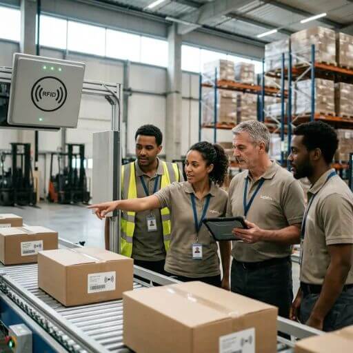 Equipe logística acompanhando processos de rastreabilidade com RFID na logística.