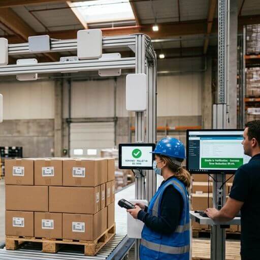 Sistema RFID controlando mercadorias em um centro de distribuição.