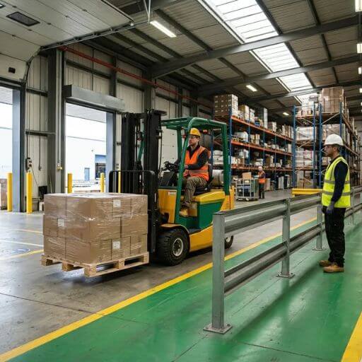 Segurança na movimentação de materiais com separação entre circulação de empilhadeira e pedestres.