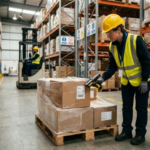 Profissional realizando identificação e rastreabilidade de mercadorias com segurança no armazém.
