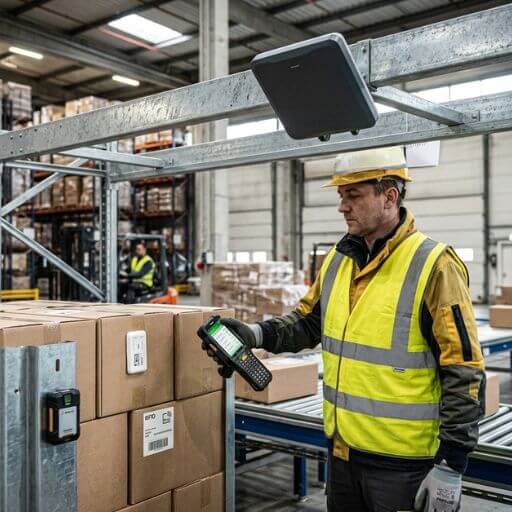 Sensores RFID e dispositivos IoT utilizados para rastreamento logístico.