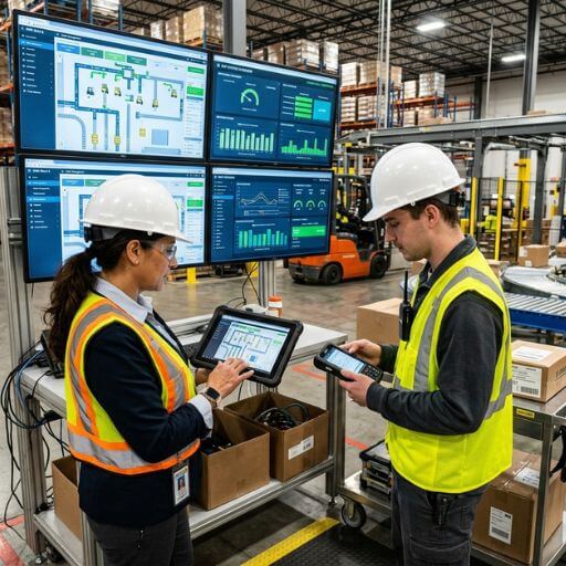 Gestores utilizando sistemas WMS e ERP em um centro de distribuição.