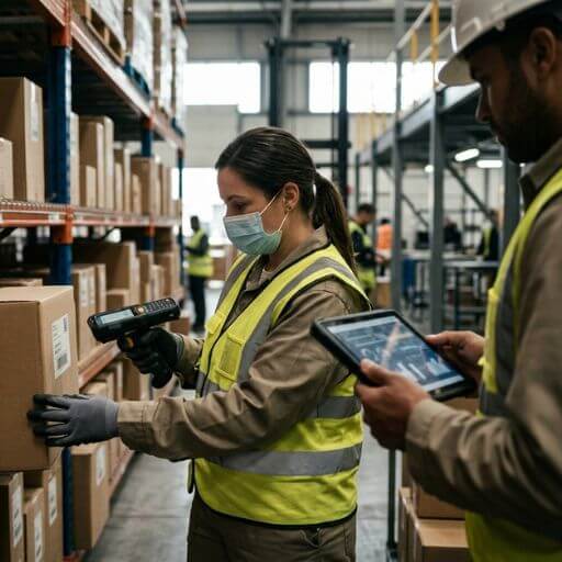Coletores de dados e sistemas digitais apoiando a gestão de um centro de distribuição.