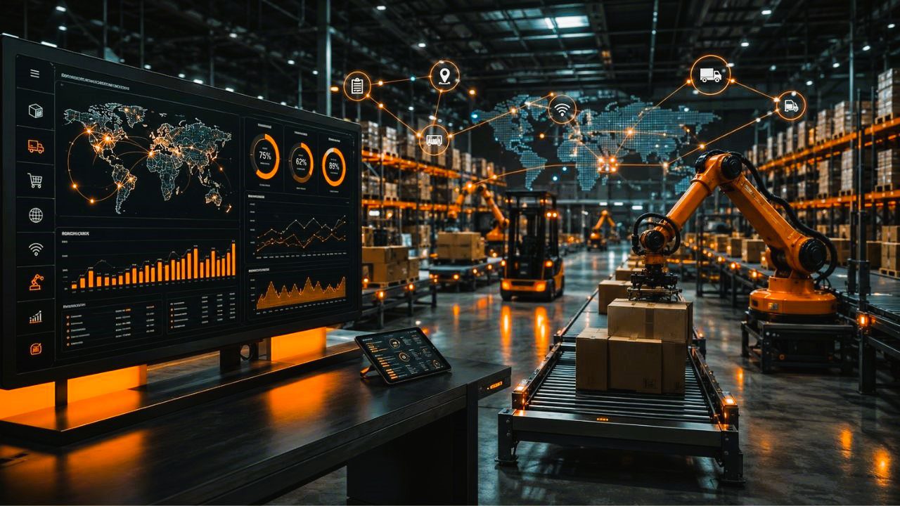 Tecnologia e inovação na logística com automação, análise de dados e operação inteligente de armazém