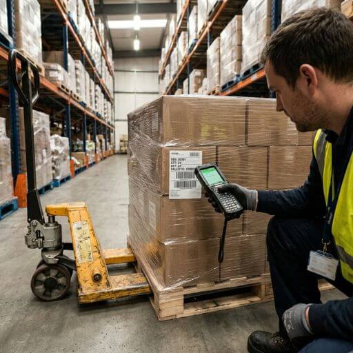 Tecnologia aplicada à movimentação de materiais com operador identificando palete por coletor portátil.