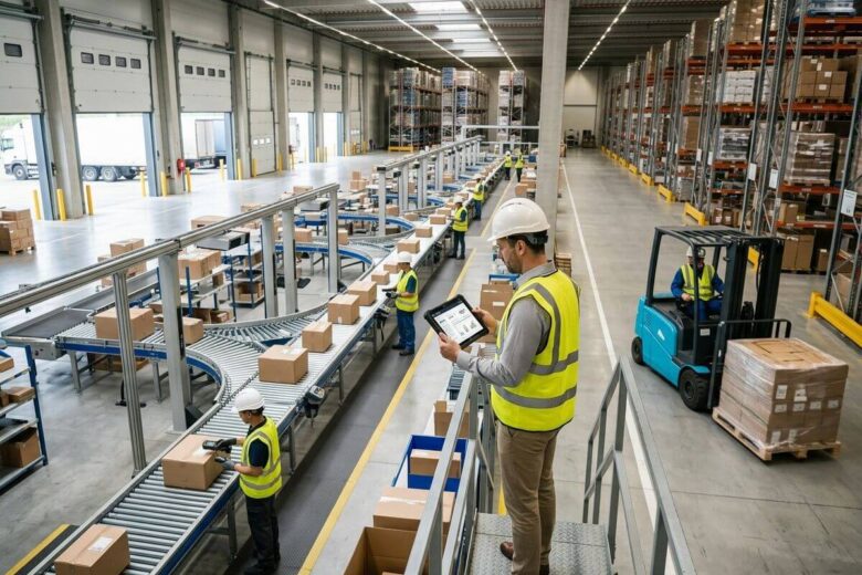 Tecnologia na logística integrando pessoas, sistemas, automação e operações em um centro de distribuição.
