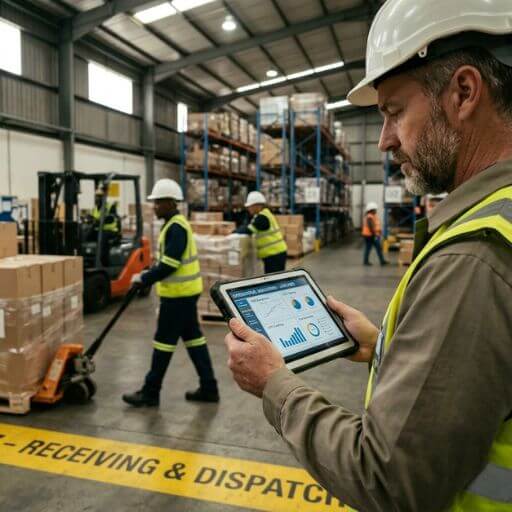 Supervisor acompanhando a rastreabilidade e o controle de estoque com apoio da tecnologia.