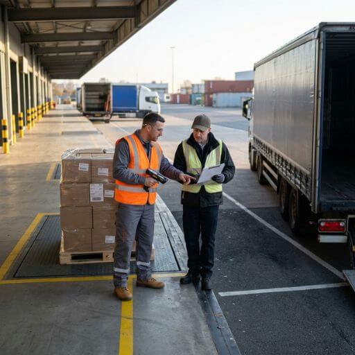 Motorista e operador conferindo carga antes do transporte na operação de distribuição logística
