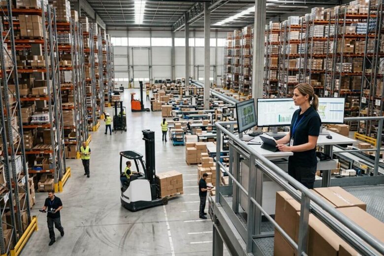 Centro de distribuição moderno utilizando sistema WMS para organizar operações logísticas.